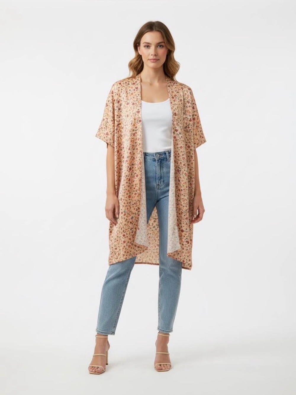 Lightweight Floral Kimono Duster in Peach